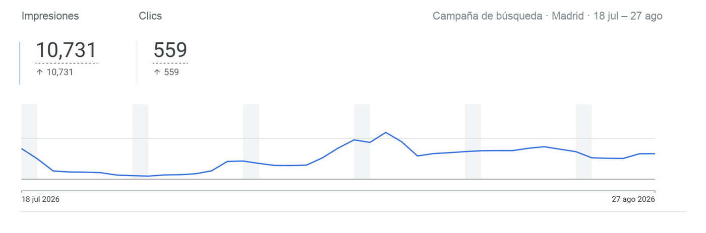 Métricas reales de la campaña en Google Ads: 10,731 impresiones, 559 clics y la curva del 18 de julio al 27 de agosto. Los datos del cliente y las cifras de inversión no se muestran.