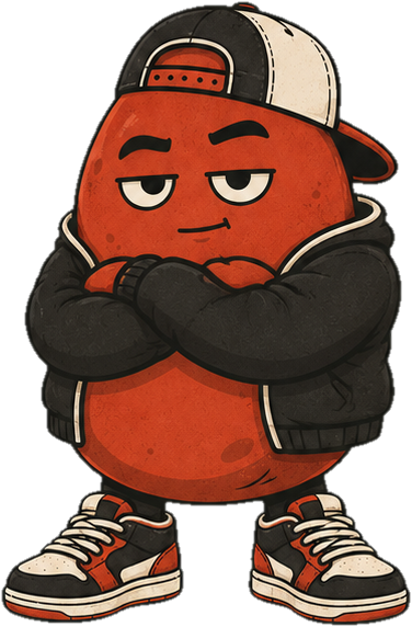 El Frijolito, mascota de PetitHaricot, de brazos cruzados