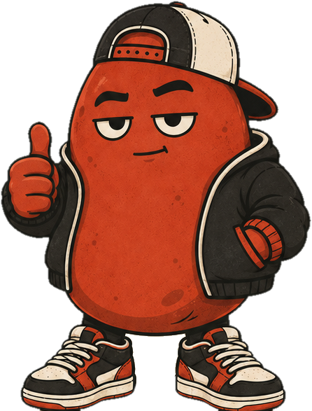 El Frijolito, mascota de PetitHaricot, con el pulgar arriba