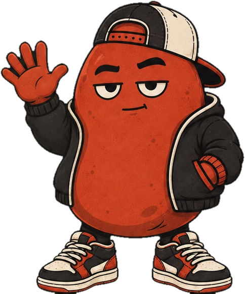 El Frijolito, mascota de PetitHaricot, saludando